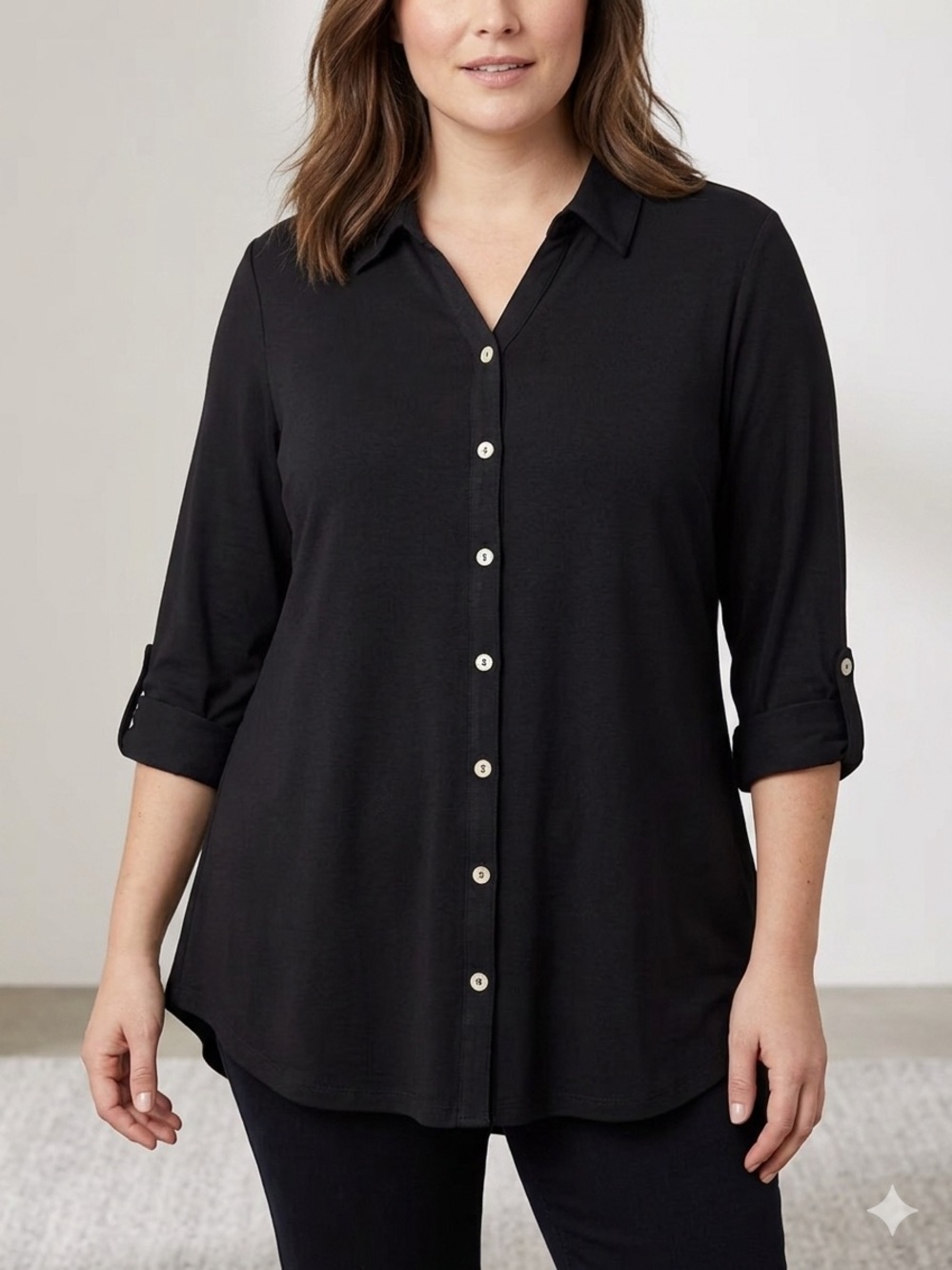 Kim Rogers Black Roll-Sleeve Button-Down Shirt
